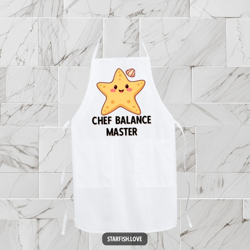 Funny apron with a happy starfish character balancing a small seashell on its tip, ideal for a balanced cooking experience.
