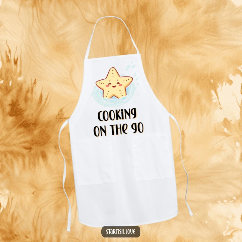 An apron featuring a joyful starfish character sliding down a water current, designed for kitchen use by those who love the ocean and adventure.