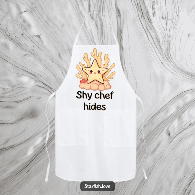 Funny Apron showing a shy starfish character peeking from behind a coral formation, perfect for a cute kitchen.