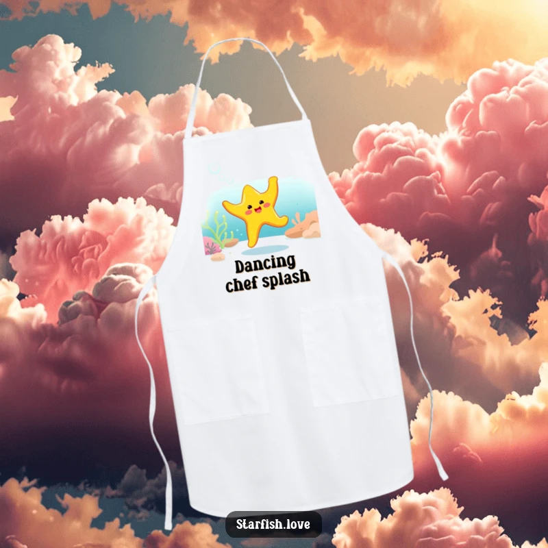Funny Apron showing a bright yellow starfish character doing a cheerful, bubbly dance underwater, perfect for a fun kitchen.