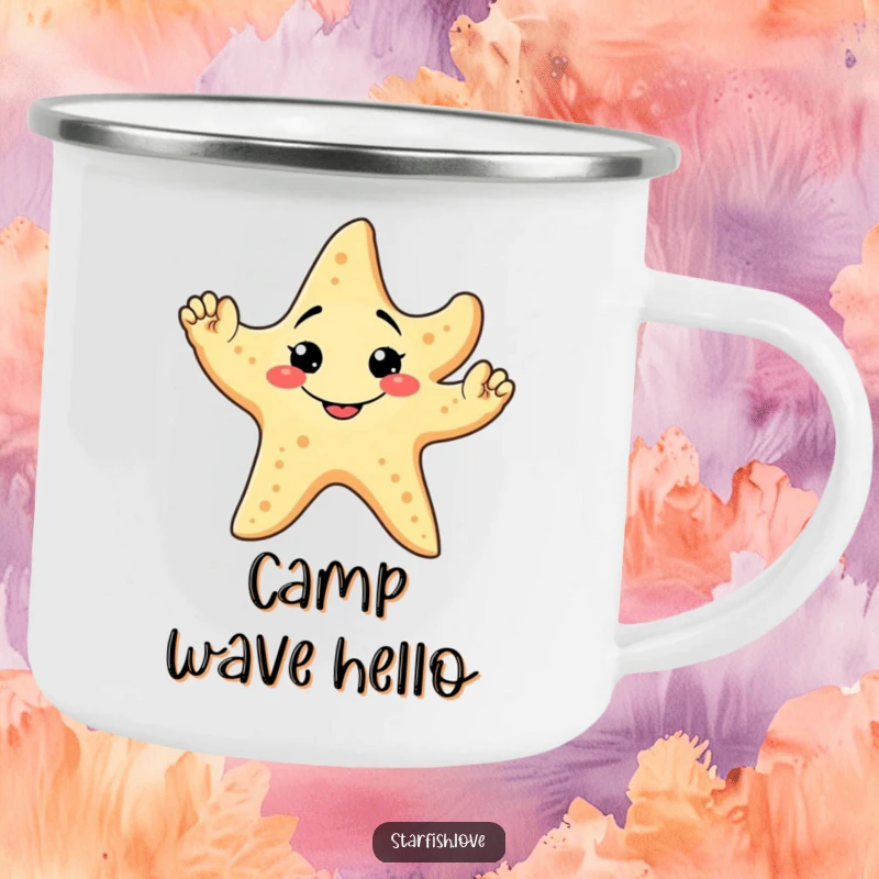 Funny Camping Mug showing a friendly starfish character with a goofy grin, waving all five arms, perfect for outdoor use.