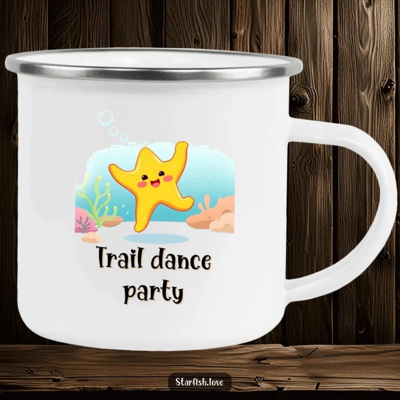Funny Camping Mug showing a bright yellow starfish character dancing happily underwater surrounded by bubbles.