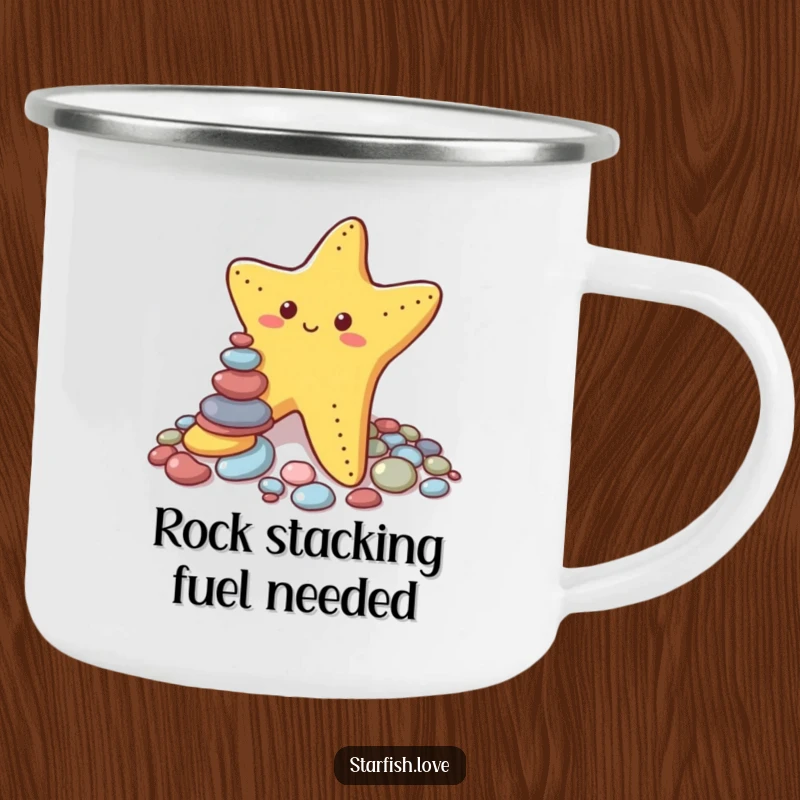 Funny camping mug showing a persistent starfish trying to stack small, colorful pebbles, symbolizing amusing effort and a funny, precarious balance in nature.