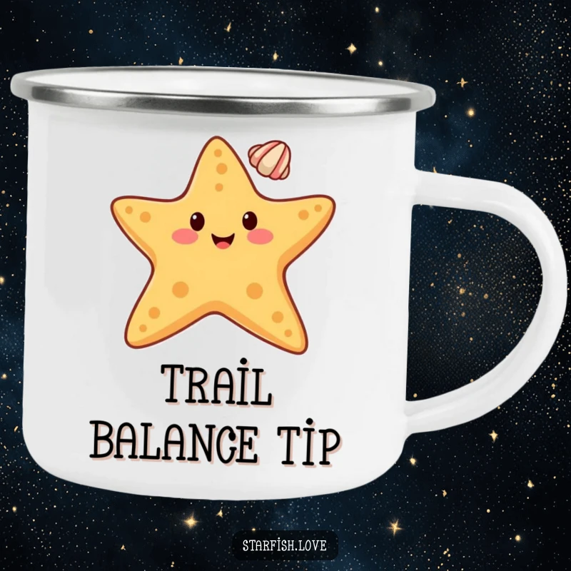 Funny camping mug with a happy starfish character balancing a small seashell on its tip, for balanced outdoor enjoyment.