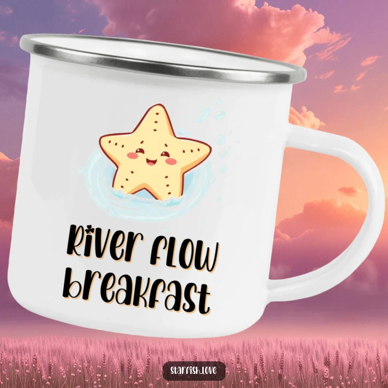 Durable camping mug featuring a joyful starfish character sliding down a water current, perfect for enjoying beverages during outdoor adventures.