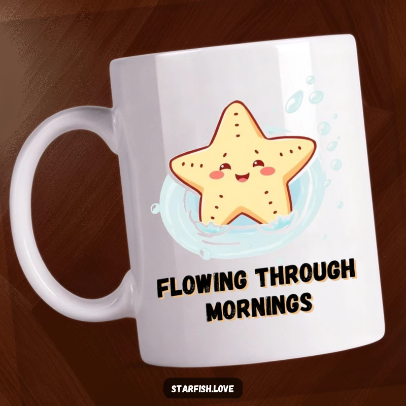 Funny, joyful starfish character playfully sliding down a vibrant water current on a mug, symbolizing fun and exhilaration, ideal for adventure enthusiasts.