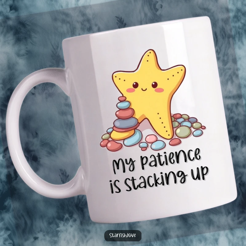 Funny mug showing a determined starfish awkwardly stacking colorful pebbles, symbolizing perseverance and a comical, shaky balance.