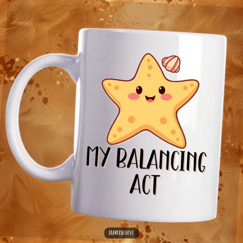 Funny mug with a happy starfish character skillfully balancing a small seashell on its tip, showcasing perfect poise.