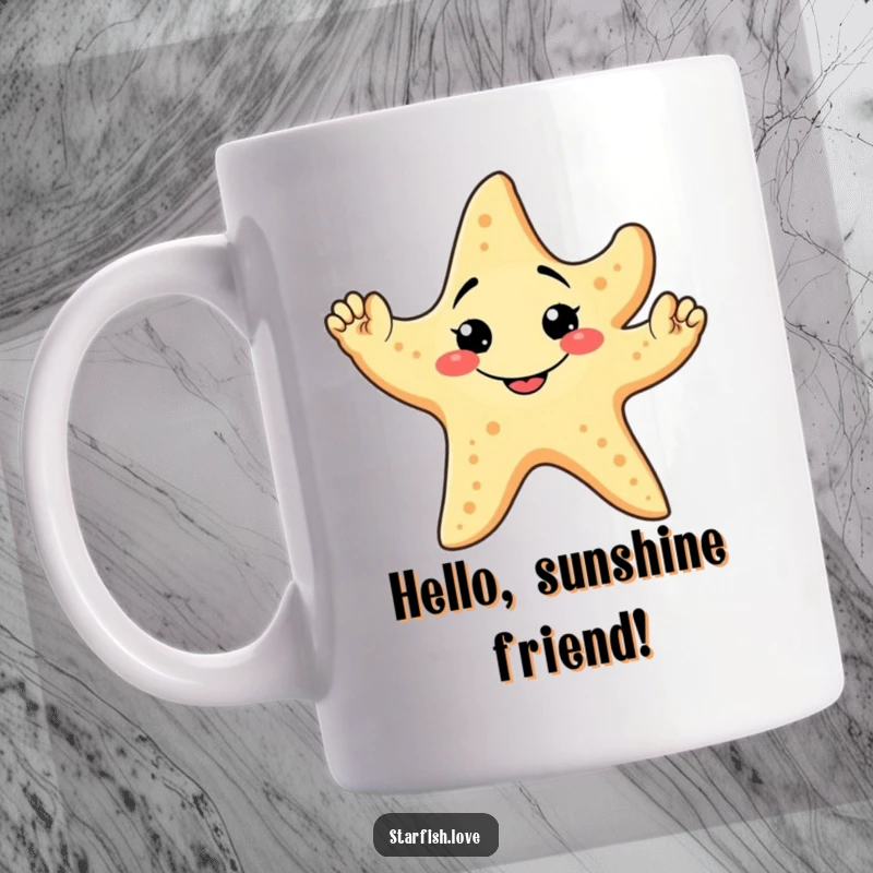 Funny Mug showing a friendly starfish character with a big goofy grin, waving enthusiastically with all five arms.
