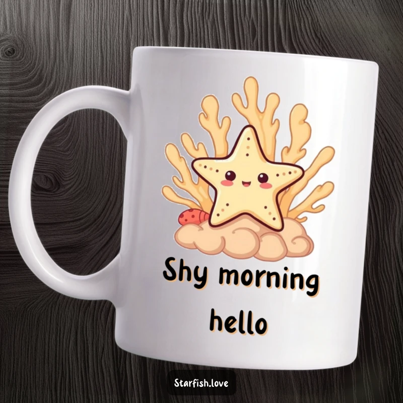 Funny Mug showing a shy starfish character peeking out from behind a colorful coral formation, adding a touch of intrigue.