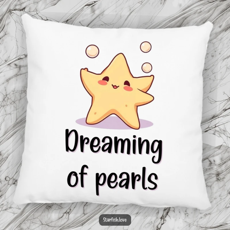 Soft and cuddly pillow featuring a cute starfish happily juggling three tiny pearls, perfect for adding a touch of playful ocean charm to any room.