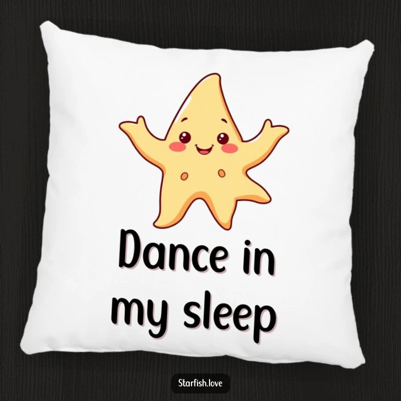 Funny pillow featuring a smiling starfish character dancing with flowing arms, bringing a cozy and cheerful vibe.