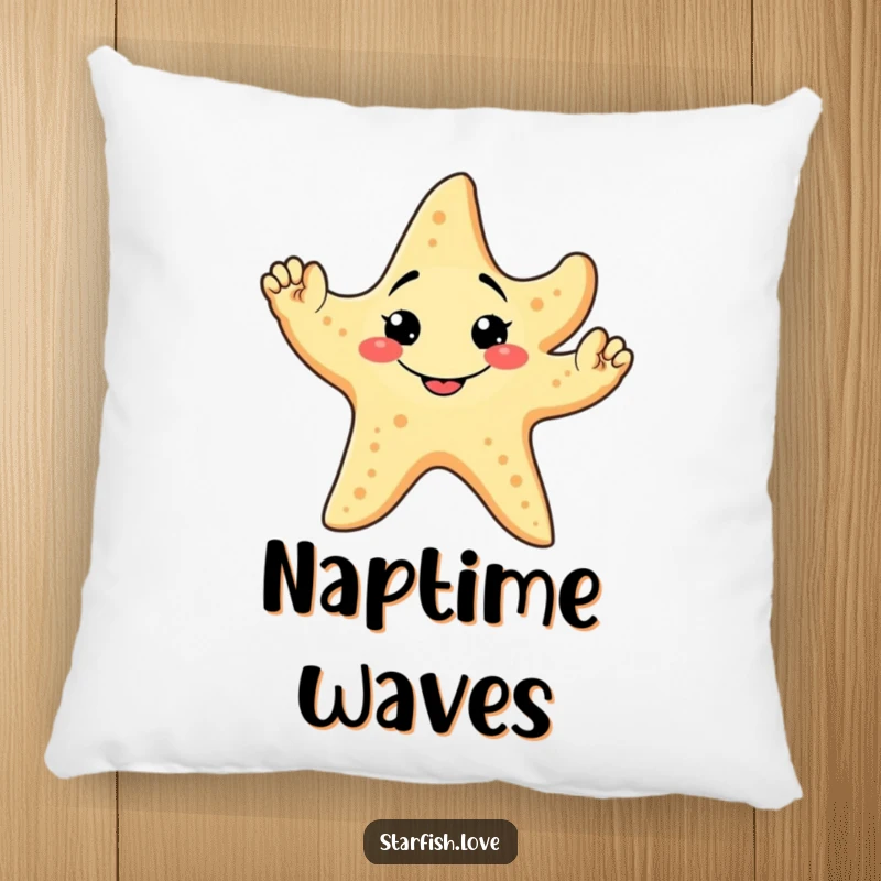 Funny Pillow decorated with a friendly starfish character sporting a goofy grin and waving all five arms, perfect for comfort.