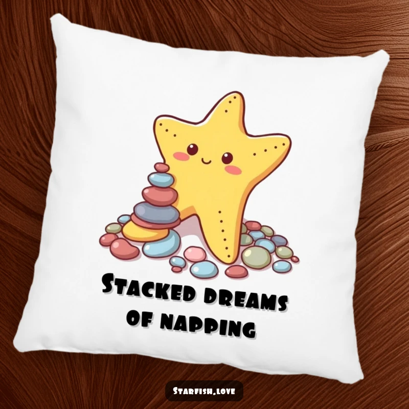 Funny pillow with a cute starfish focused on stacking small, colorful pebbles, depicting amusing effort and a funny, unsteady construction.