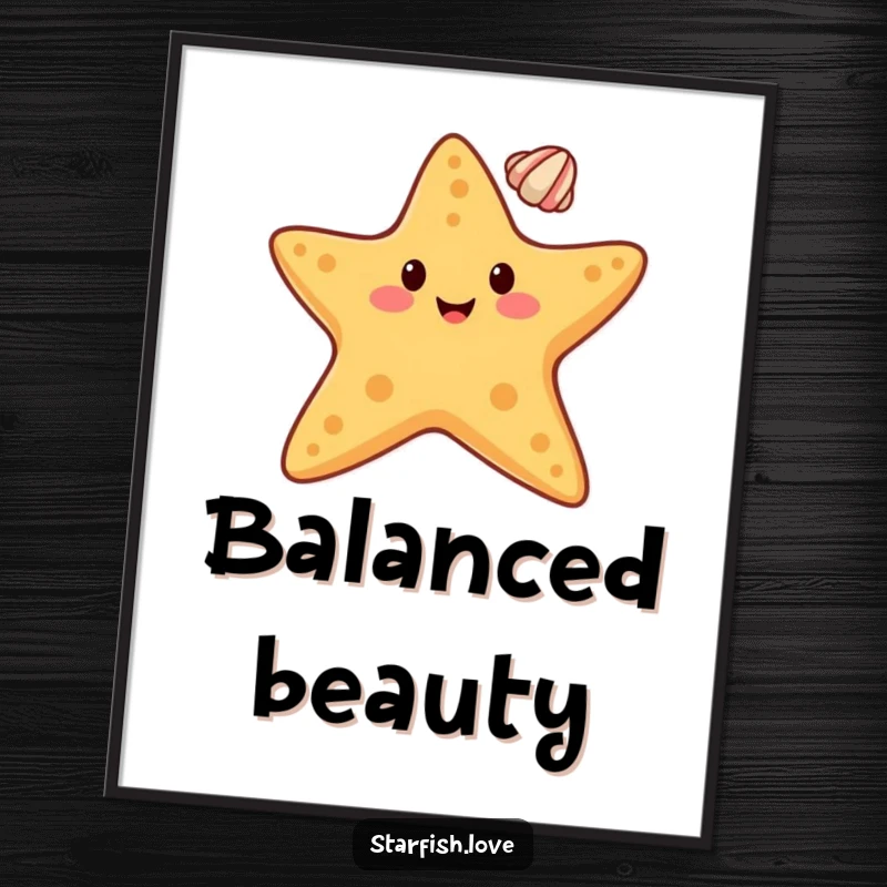 Funny digital art print of a happy starfish character balancing a small seashell on its tip, symbolizing perfect poise.