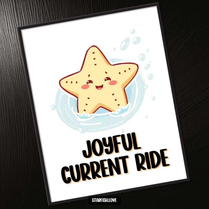 High-resolution digital art print of a joyful starfish character sliding playfully down a water current, perfect for adding instant aquatic energy.