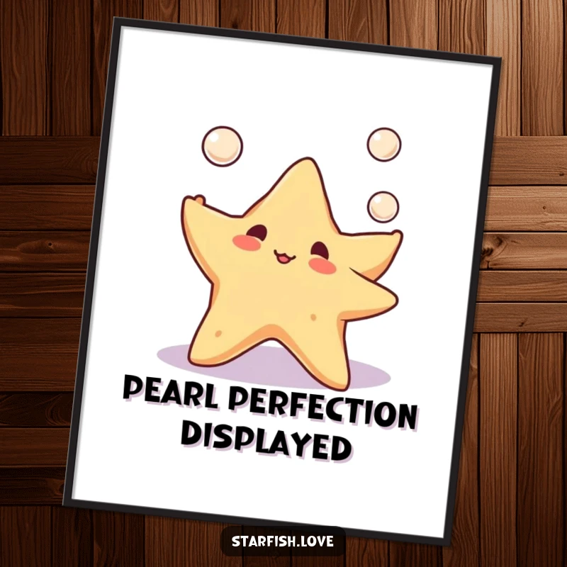High-resolution digital art print of a cute starfish character happily juggling three tiny pearls, perfect for adding instant playful charm.