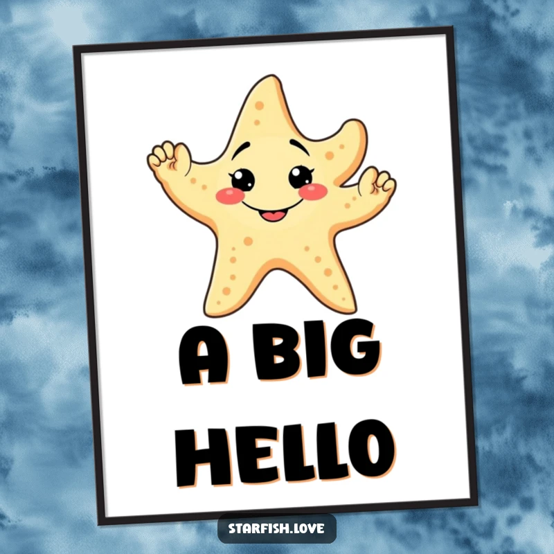 Funny Digital Art Print of a friendly starfish with a goofy grin, waving all five arms in a welcoming gesture.