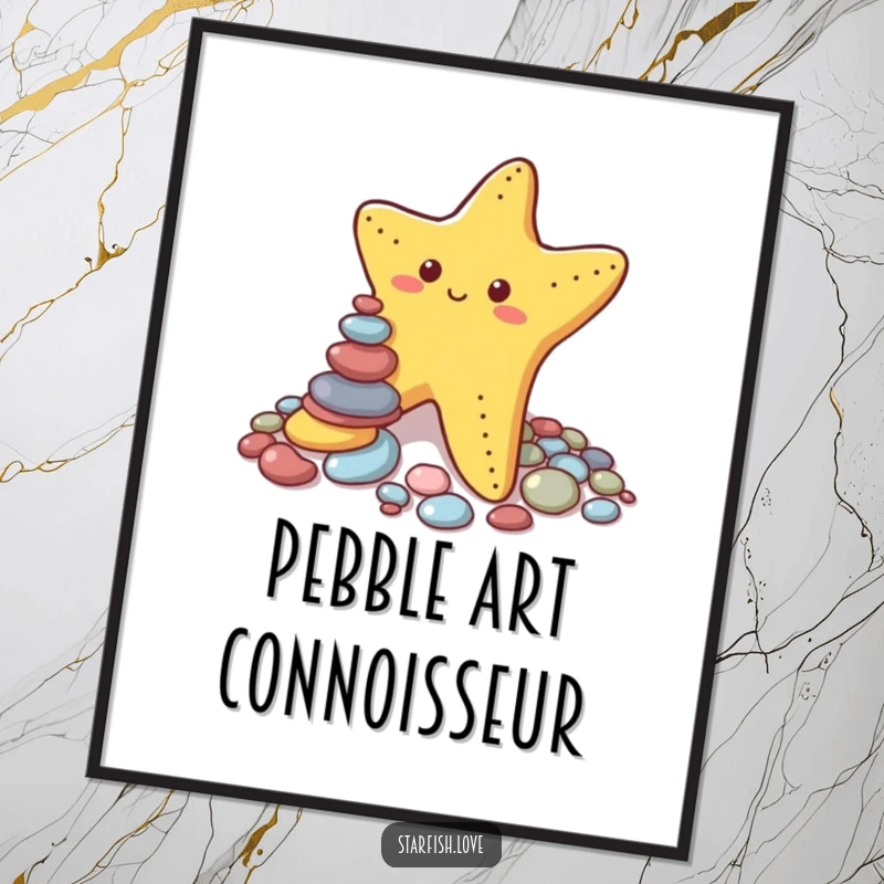 Funny digital art print of a determined starfish attempting to stack tiny, colorful pebbles, conveying amusing effort and a funny, precarious balance.