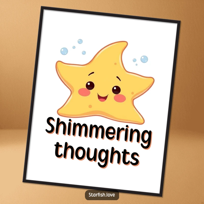 Funny digital art print of a cheerful starfish character sprouting tiny, sparkling bubbles, adding bubbly cheer to decor.