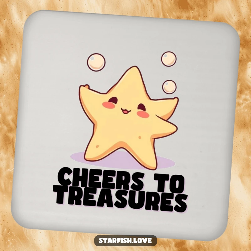 Set of drink coasters featuring a cute starfish character juggling three tiny pearls, perfect for adding a playful touch to tabletops.