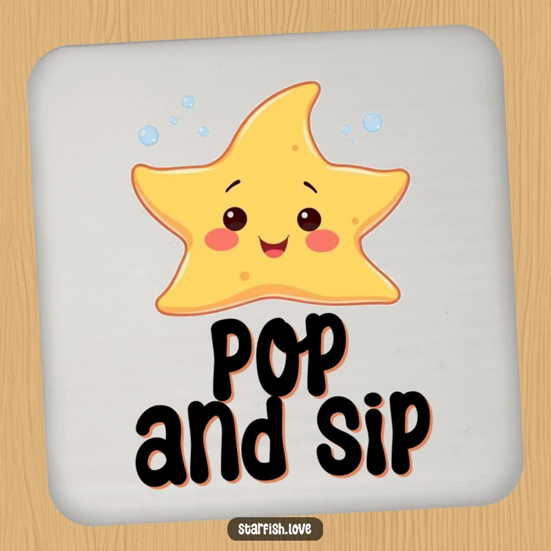 Funny drink coaster with a cheerful starfish character sprouting tiny, sparkling bubbles, adding a touch of bubbly flair.