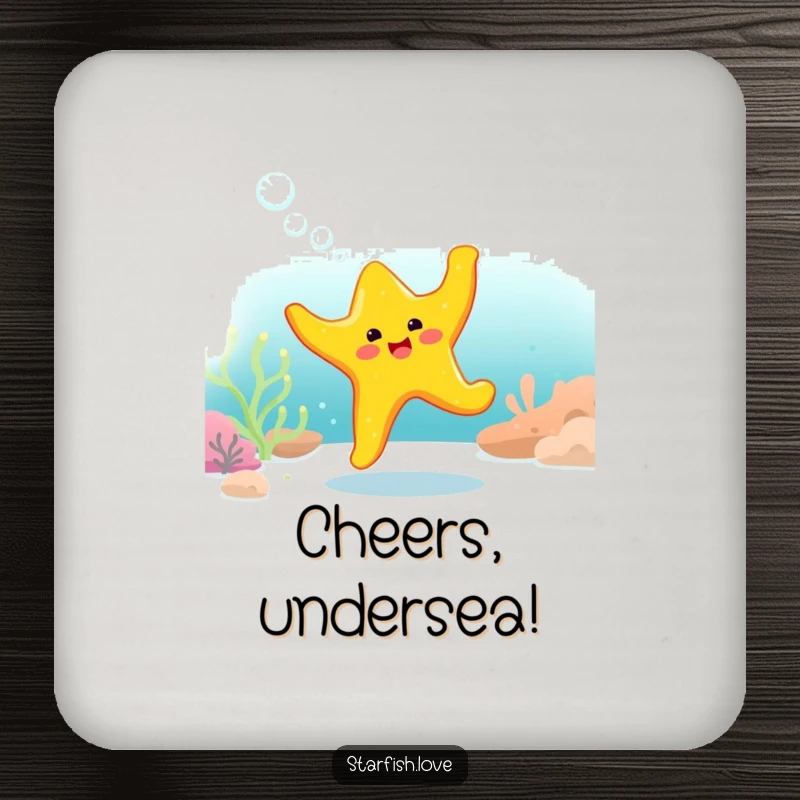 Funny Drink Coaster featuring a bright yellow starfish character doing a cheerful, bubbly dance underwater, adding fun decor.