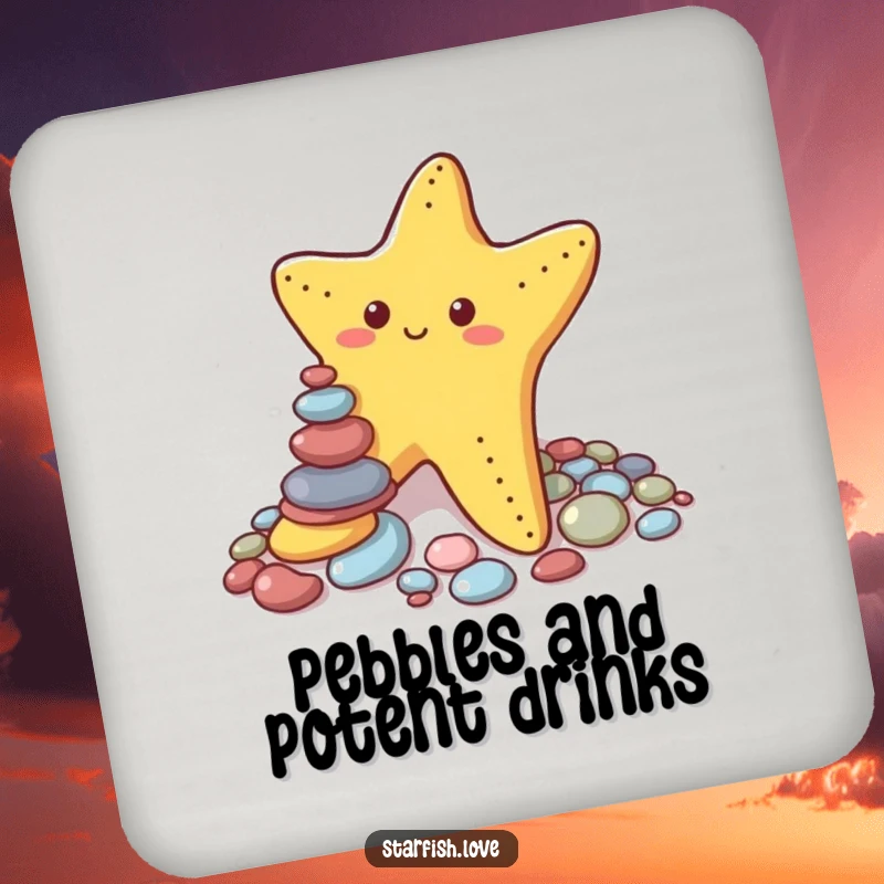 Funny coaster featuring a starfish focused on stacking colorful pebbles, illustrating amusing effort and a funny, unsteady construction to protect drinks.
