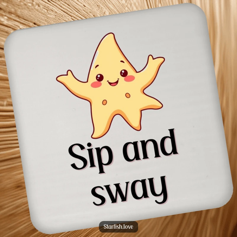 Funny drink coaster showing a smiling starfish character dancing with flowing arms, adding a playful, rhythmic flair.