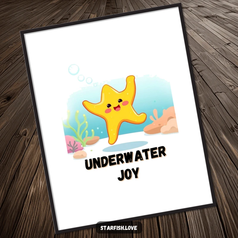 Funny Poster showcasing a bright yellow starfish character doing a cheerful, bubbly dance in an underwater scene.