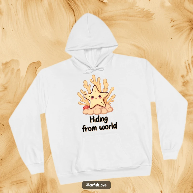 Funny Hoodie depicting a shy starfish peeking out from behind a colorful coral formation, perfect for a cozy hideaway.
