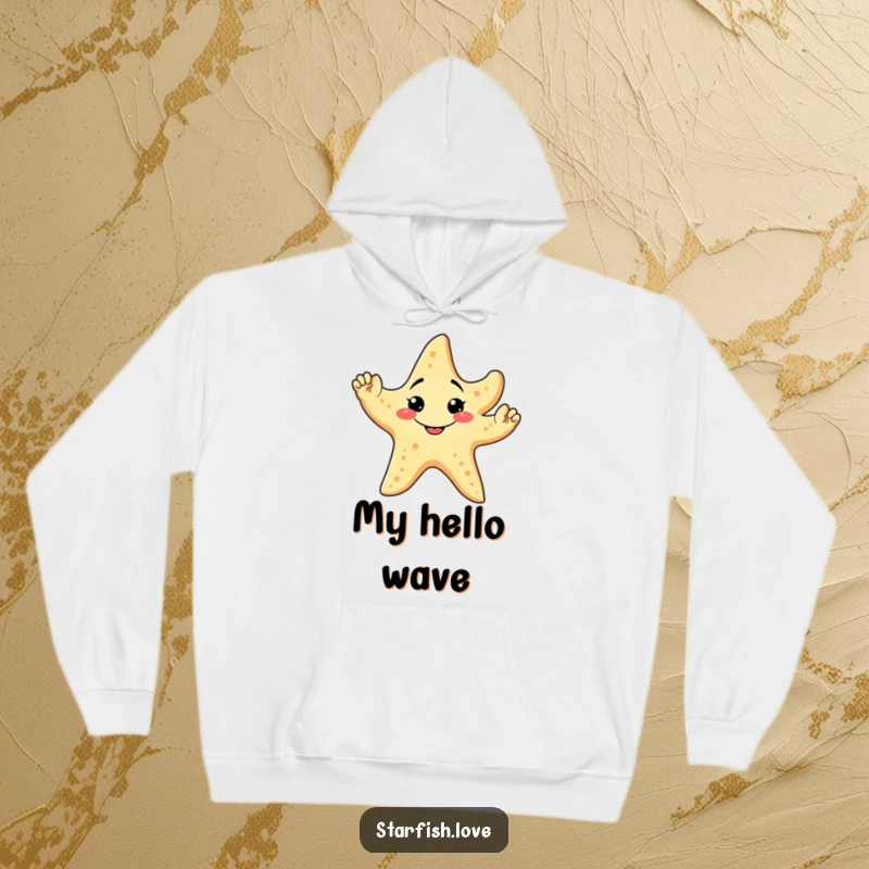 Funny Hoodie depicting a friendly starfish with a goofy grin, waving enthusiastically with all five arms, offering a cheerful greeting.