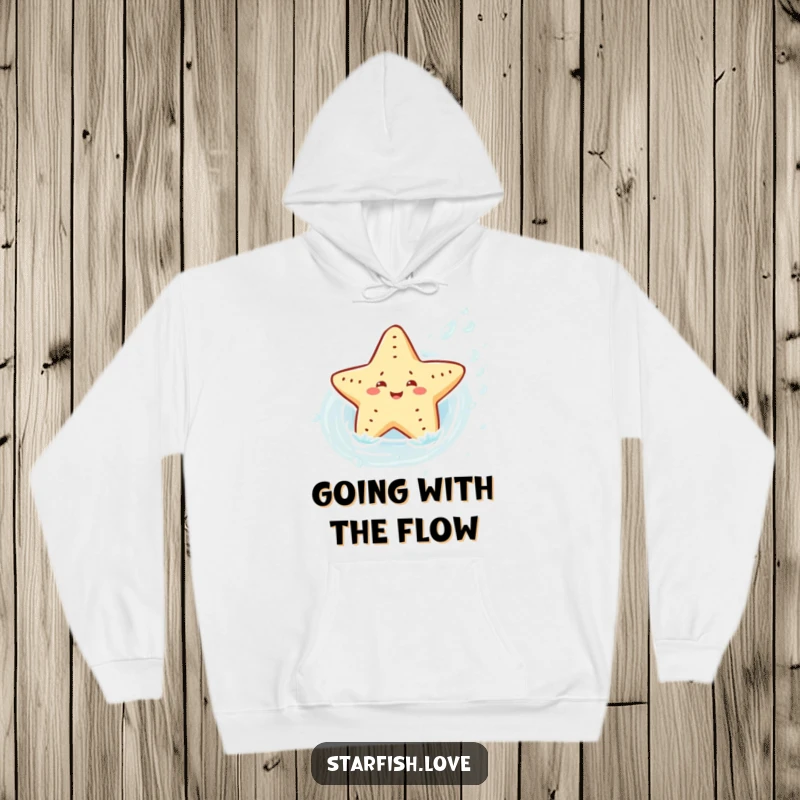 Soft, warm hoodie featuring a joyful starfish character playfully sliding down a water current, designed for comfort and a sense of aquatic adventure.