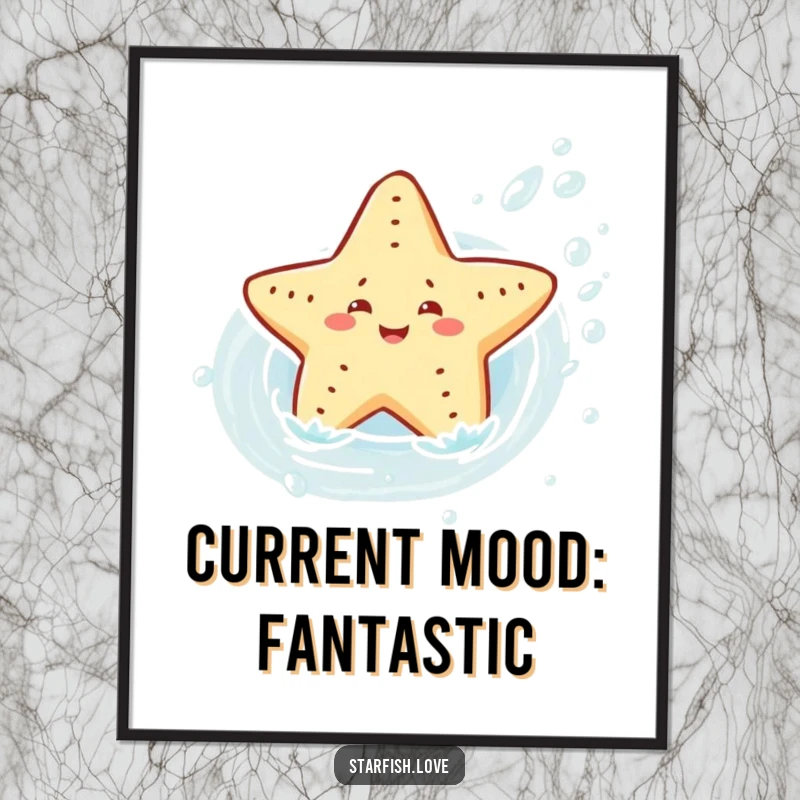 Free Printable Wall Art: Joyful starfish character energetically sliding down a whimsical water current, dynamic ocean art.