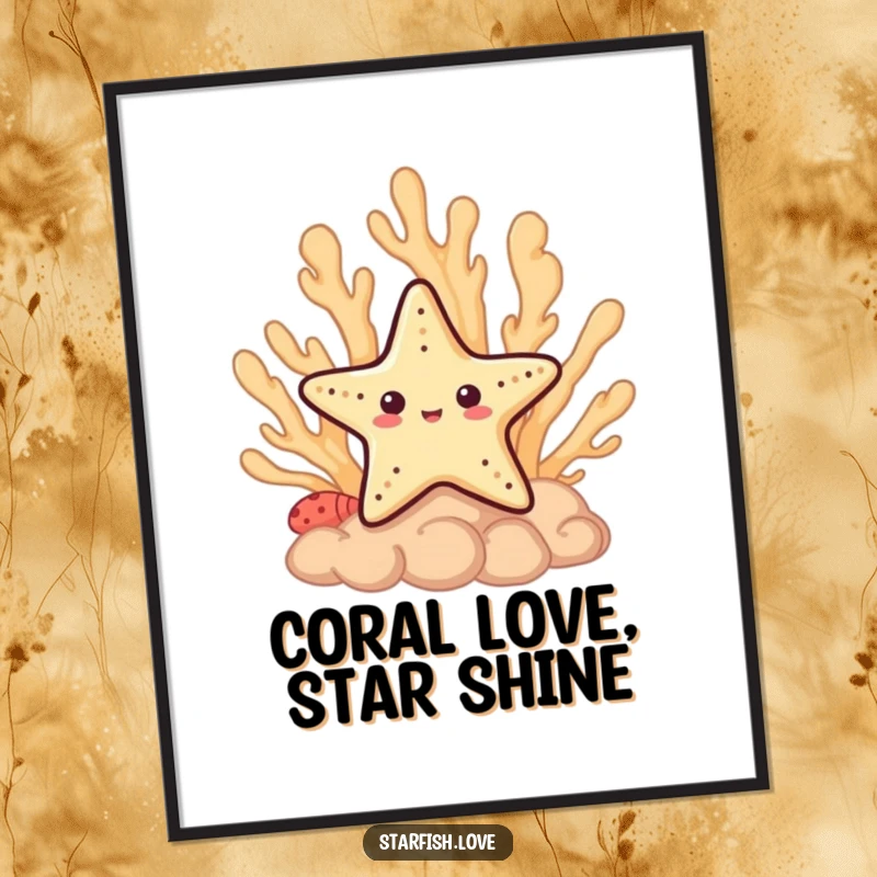 Funny Free Printable Wall Art: A shy starfish peeking out from behind a colorful, textured coral formation in its underwater habitat.