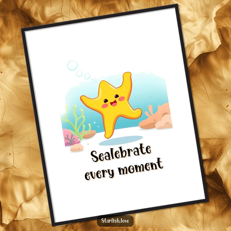 Funny Free Printable Wall Art: A bright yellow starfish character energetically dancing underwater amidst a flurry of cheerful, effervescent bubbles.