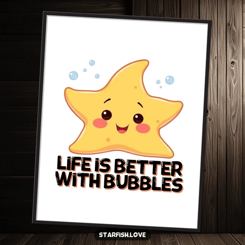 Funny Free Printable Wall Art: A cheerful starfish character enthusiastically sprouting tiny, sparkling bubbles, creating a joyful atmosphere.