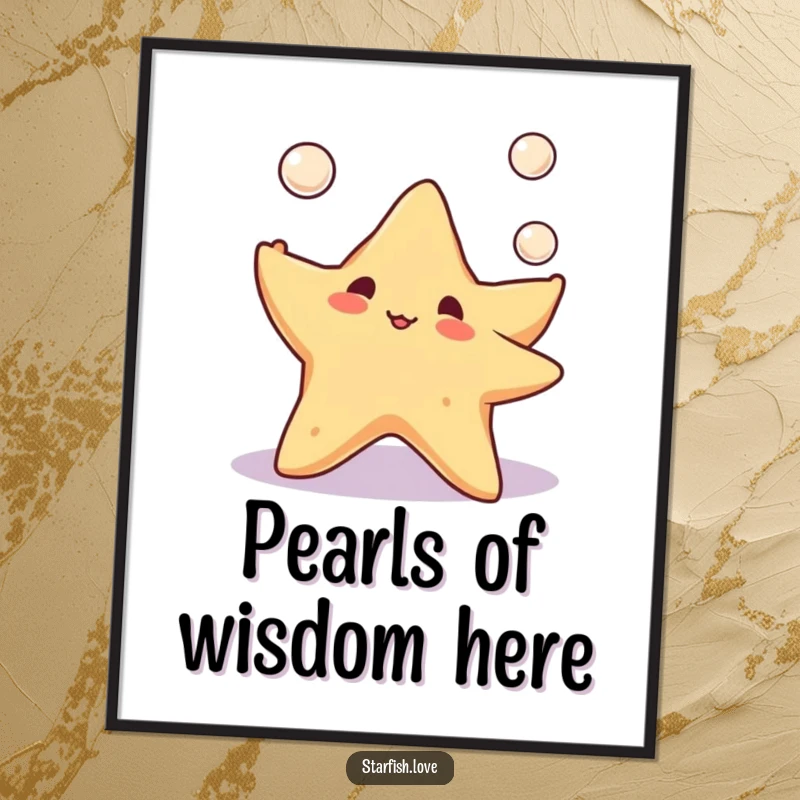 Free Printable Wall Art: Cute starfish character happily juggling three tiny shimmering pearls, playful ocean theme.