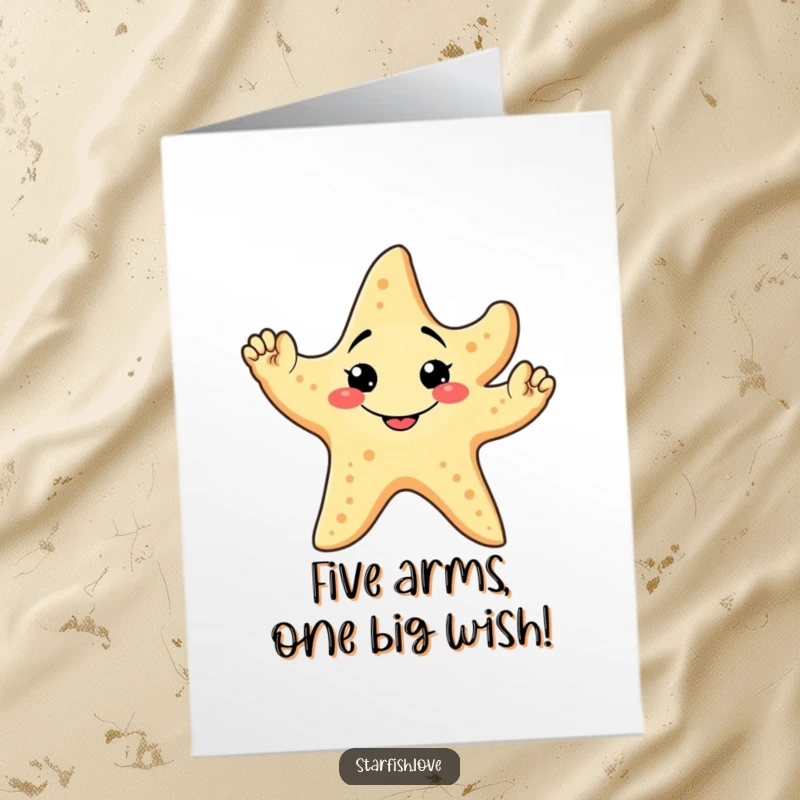 Funny Free Printable Birthday Card: A friendly starfish with a wide, goofy grin enthusiastically waving all five arms in greeting.