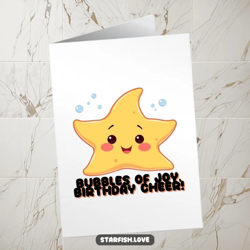 Funny Free Printable Birthday Card: A happy starfish blowing sparkling bubbles, spreading cheer and laughter for a special day.