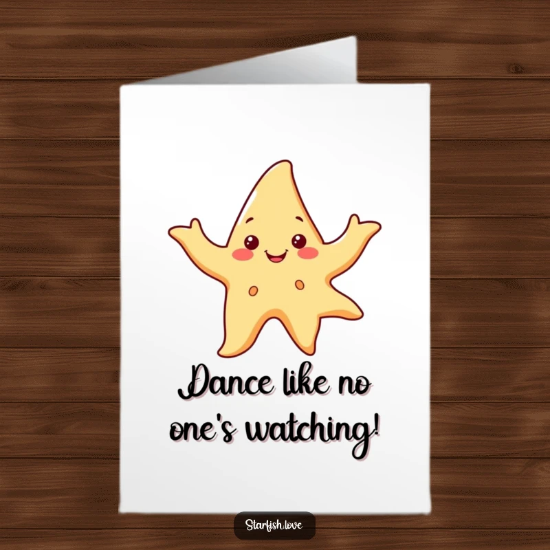 Funny Free Printable Birthday Card: A smiling starfish character enthusiastically waving its arms in a joyful, flowing dance.