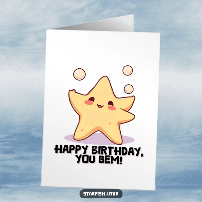 Free Printable Birthday Card: Cute starfish character happily juggling three tiny shiny pearls, festive and fun.