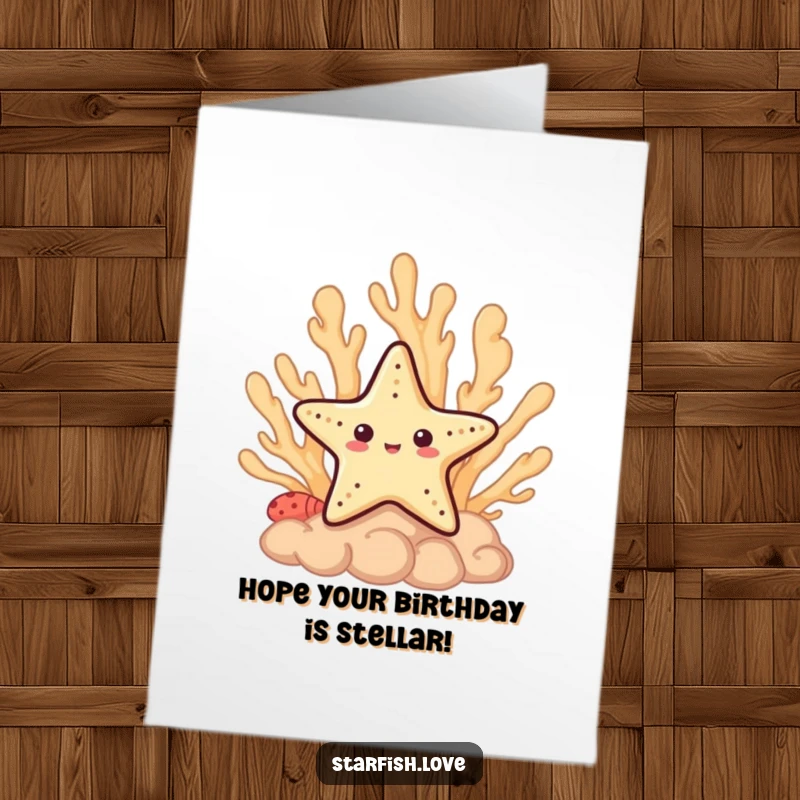 Funny Free Printable Birthday Card: A shy starfish peeking cautiously from behind a colorful coral formation, adding a touch of sweetness.