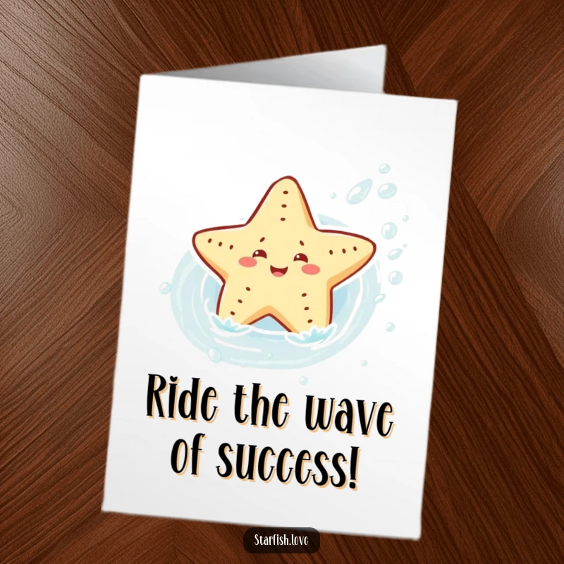 Free Printable Congrats Card: Playful starfish character gracefully sliding down a water current, celebrating progress.