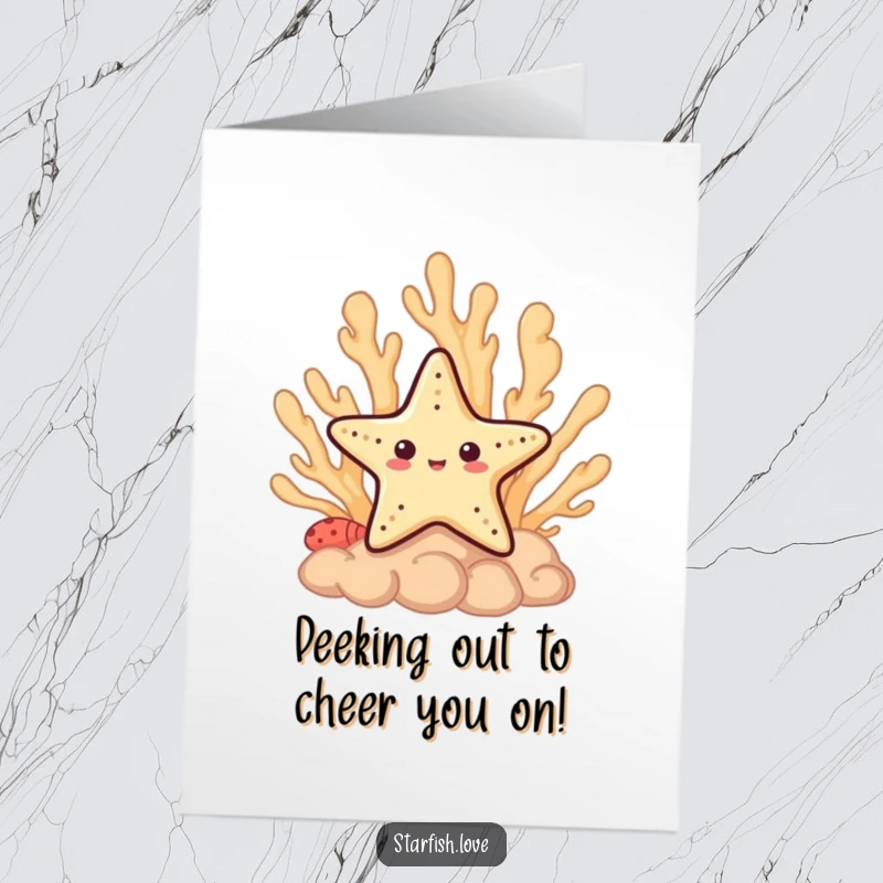 Funny Free Printable Congratulations Card: A timid starfish peeking from behind vibrant coral, celebrating achievements with a shy smile.