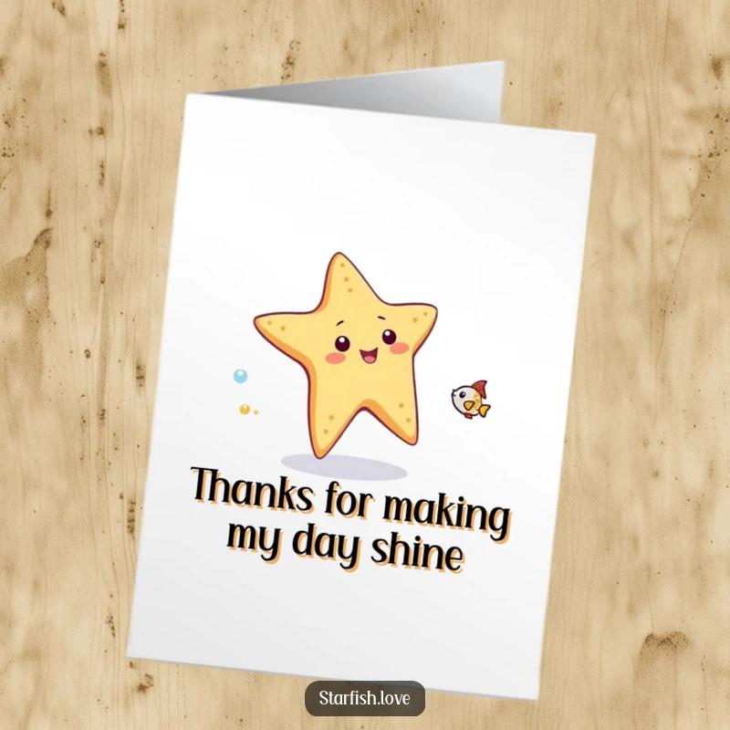 Funny Free Printable Thank You Card: Playful starfish comically chasing a small sparkling fish, a humorous and unique way to express thanks, DIY.