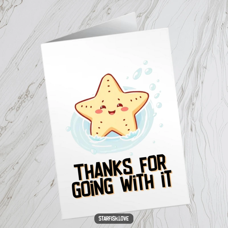 Free Printable Thank You Card: A joyful starfish character sliding playfully down a tranquil water current, expressing thanks.