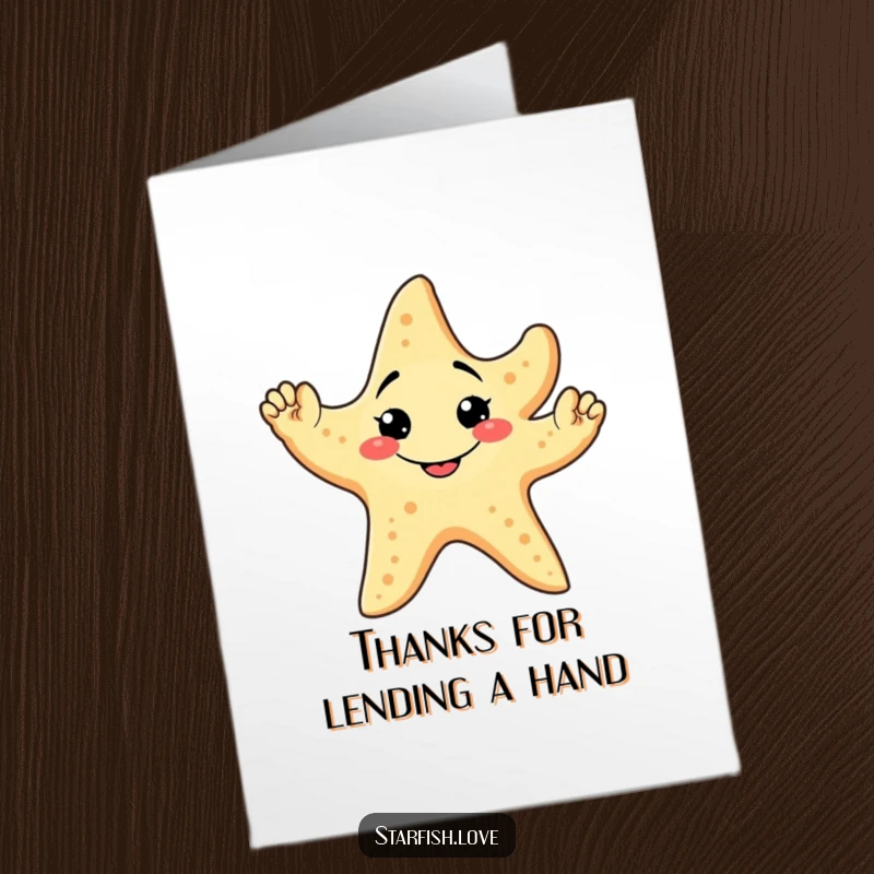 Funny Free Printable Thank You Card: A friendly starfish with a silly, goofy grin waving all five of its arms to express heartfelt thanks.