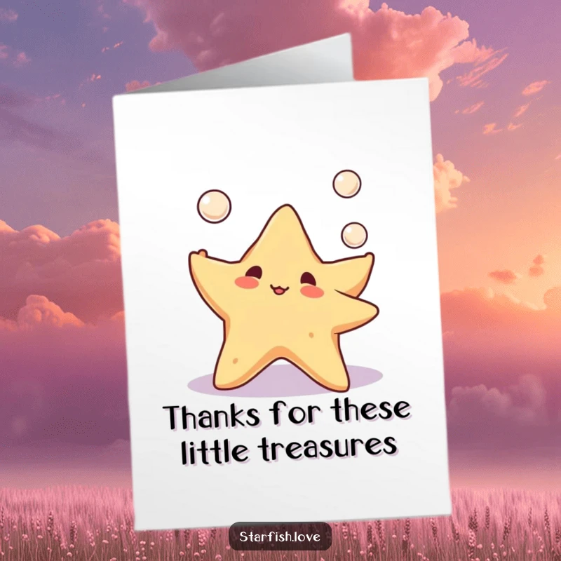 Free Printable Thank You Card: A cute starfish character skillfully juggling three small pearls, expressing thanks.