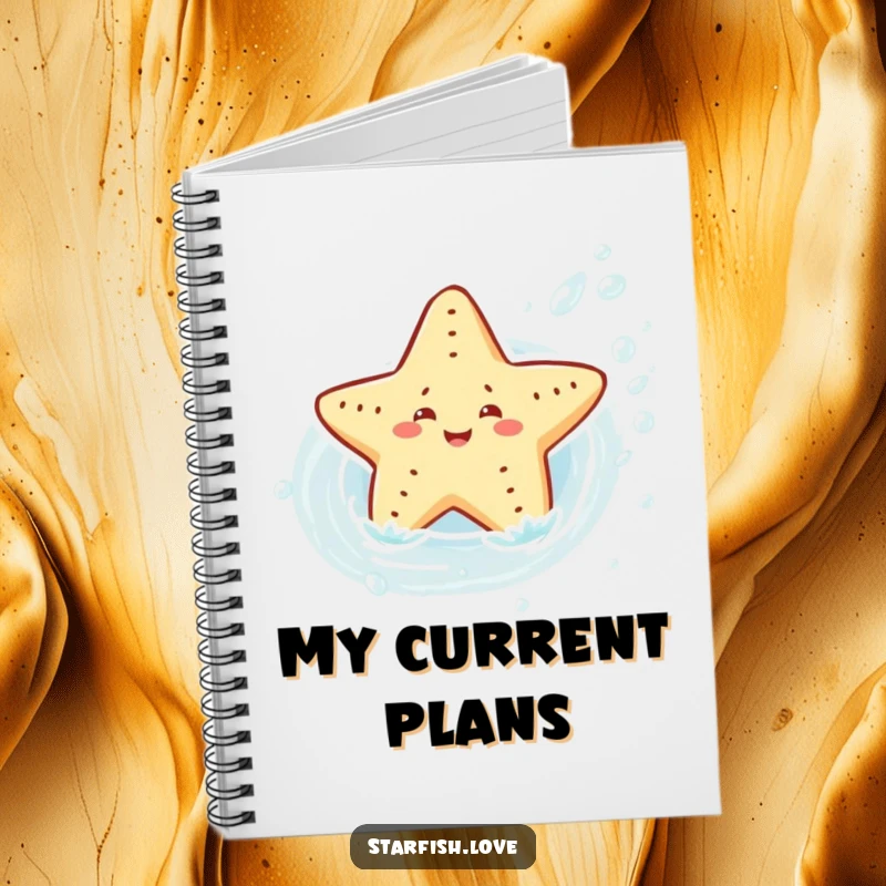 Notebook with a cover design of a joyful starfish character sliding down a water current, ideal for capturing adventurous thoughts and ideas.